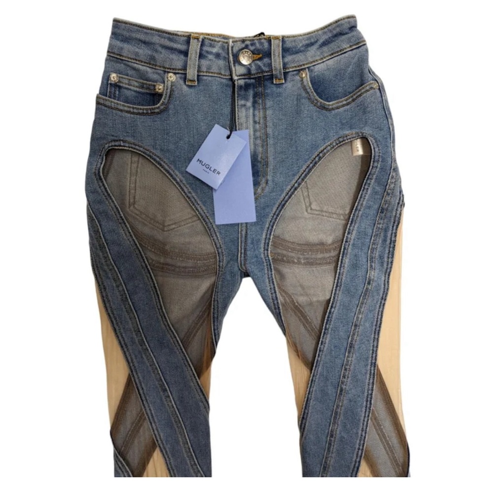 Mugler, Spiral Illusion Mesh Denim Jeans